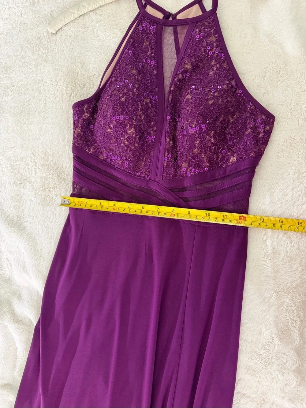Morgan & Co. Purple Sequin Lace Open Back Formal Gown Size 3 Tall - Picture 7 of 13